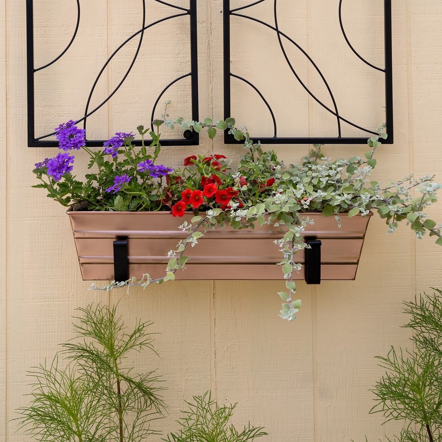 ACHLA Small Copper Flower Box with Wall Brackets | Rustic Copper Plated Galvanized Steel & Black Wrought Iron | Front Porch & Balcony | Model C08C-WM