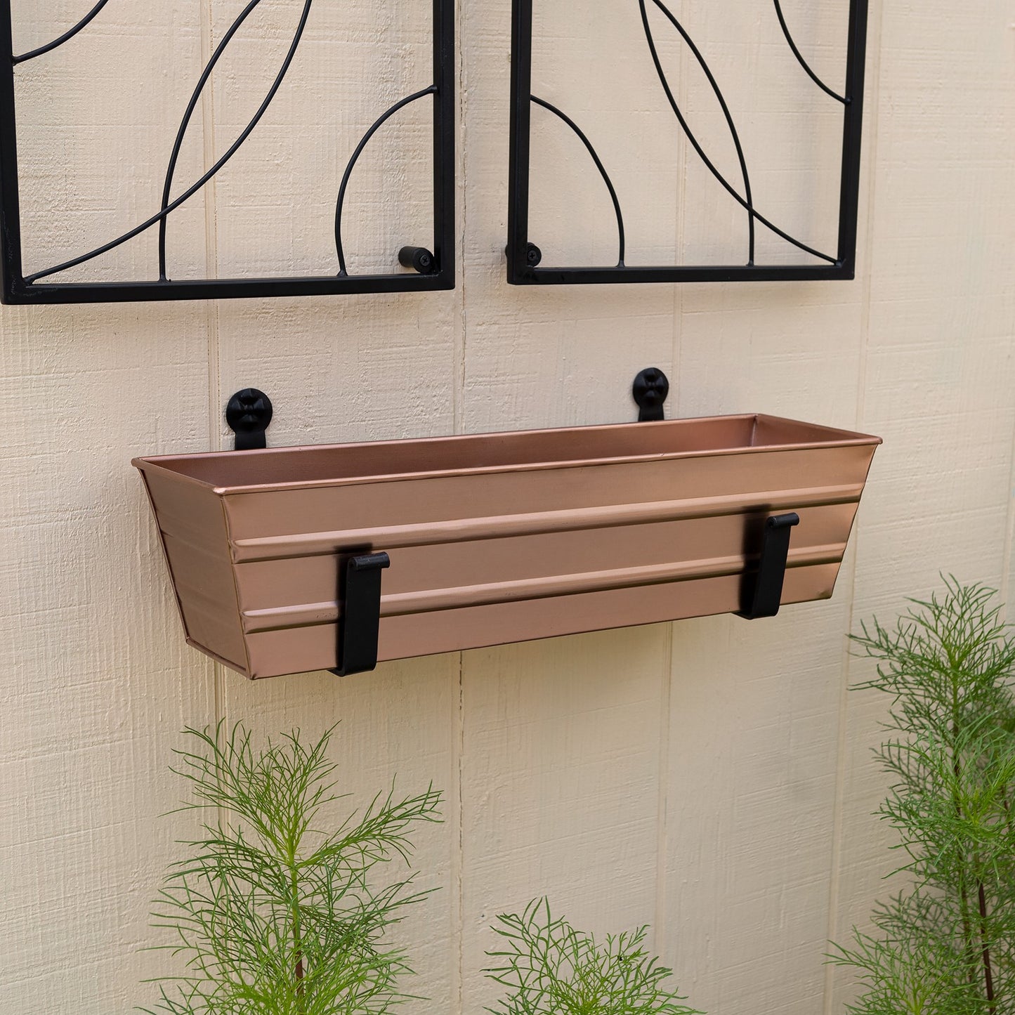 ACHLA Small Copper Flower Box with Wall Brackets | Rustic Copper Plated Galvanized Steel & Black Wrought Iron | Front Porch & Balcony | Model C08C-WM