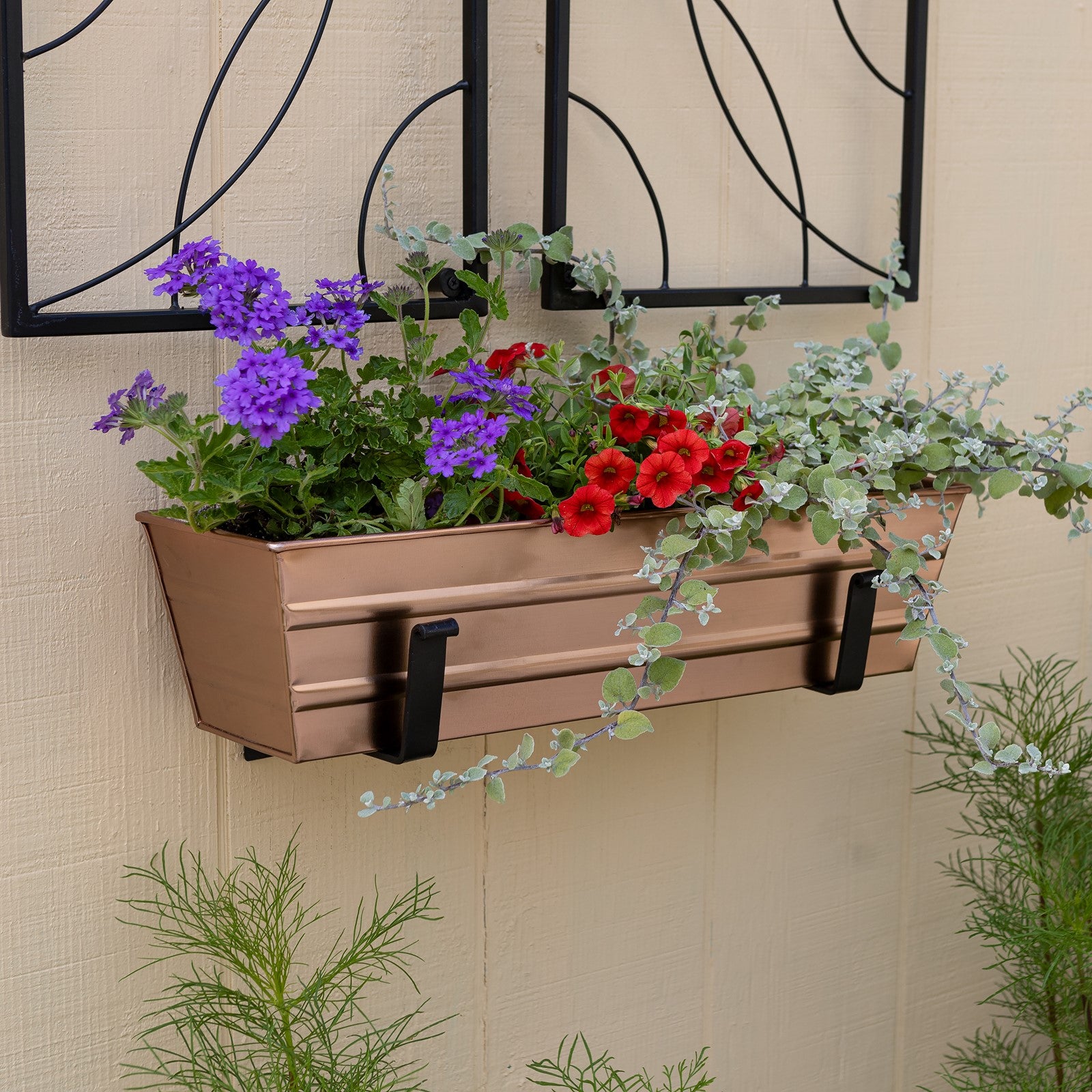 ACHLA Small Copper Flower Box with Wall Brackets | Rustic Copper Plated Galvanized Steel & Black Wrought Iron | Front Porch & Balcony | Model C08C-WM