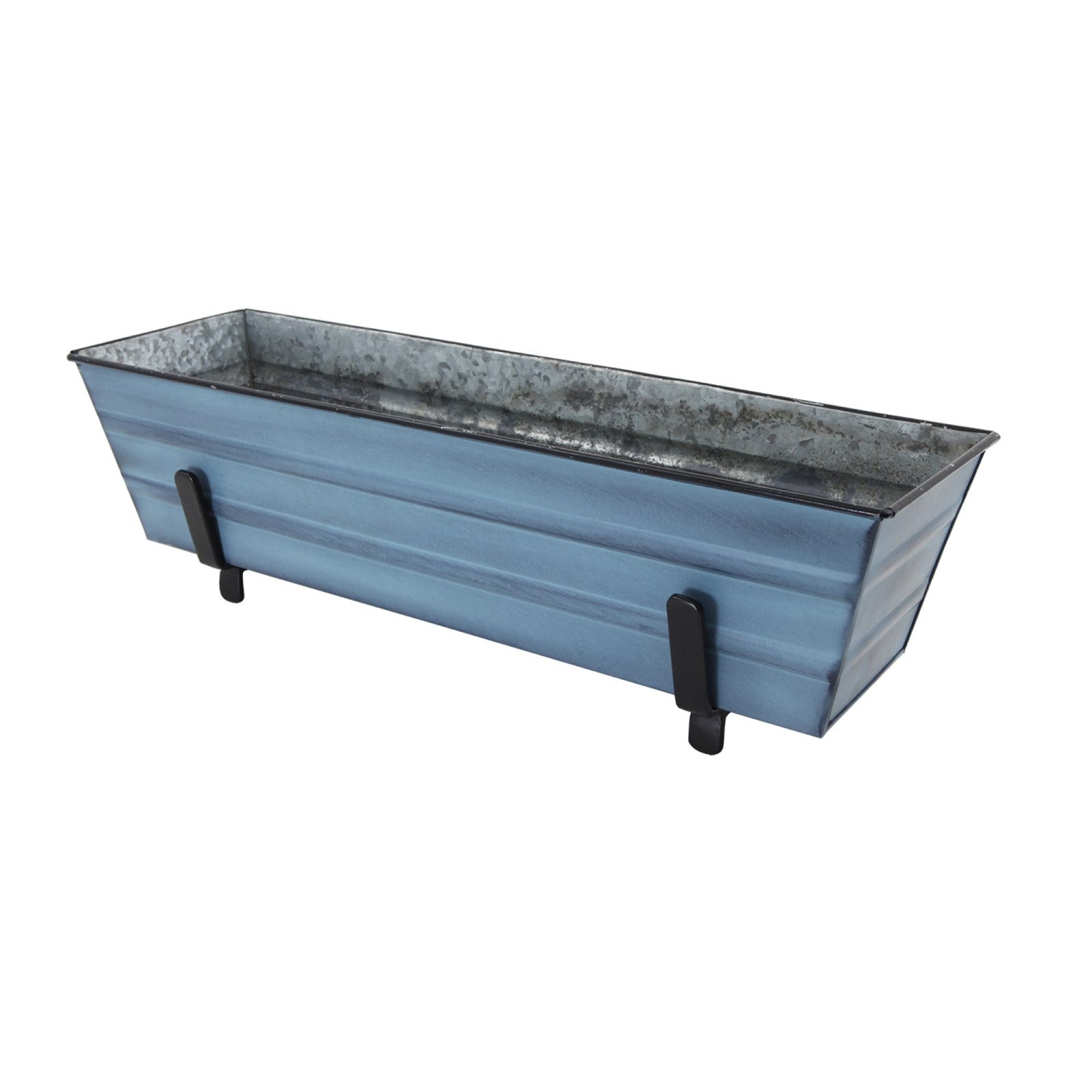 ACHLA Small Flower Box Kit for 2x4 Railings | Nantucket Blue Galvanized Steel Planter with Black Wrought Iron Brackets | Porch | Model C08NB-K4