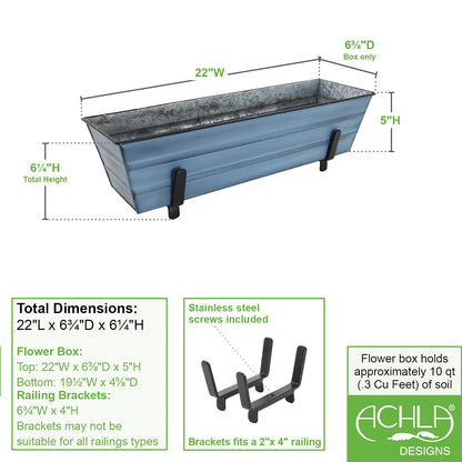 ACHLA Small Flower Box Kit for 2x4 Railings | Nantucket Blue Galvanized Steel Planter with Black Wrought Iron Brackets | Porch | Model C08NB-K4