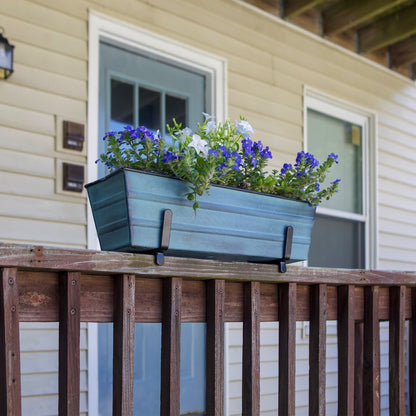 ACHLA Small Flower Box Kit for 2x4 Railings | Nantucket Blue Galvanized Steel Planter with Black Wrought Iron Brackets | Porch | Model C08NB-K4