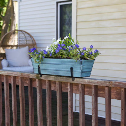 ACHLA Small Flower Box Kit for 2x4 Railings | Nantucket Blue Galvanized Steel Planter with Black Wrought Iron Brackets | Porch | Model C08NB-K4