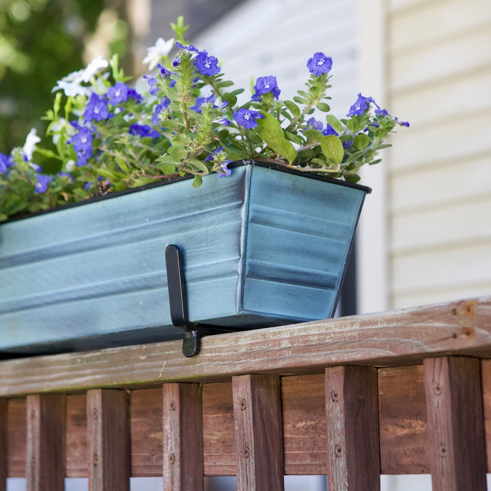 ACHLA Small Flower Box Kit for 2x4 Railings | Nantucket Blue Galvanized Steel Planter with Black Wrought Iron Brackets | Porch | Model C08NB-K4