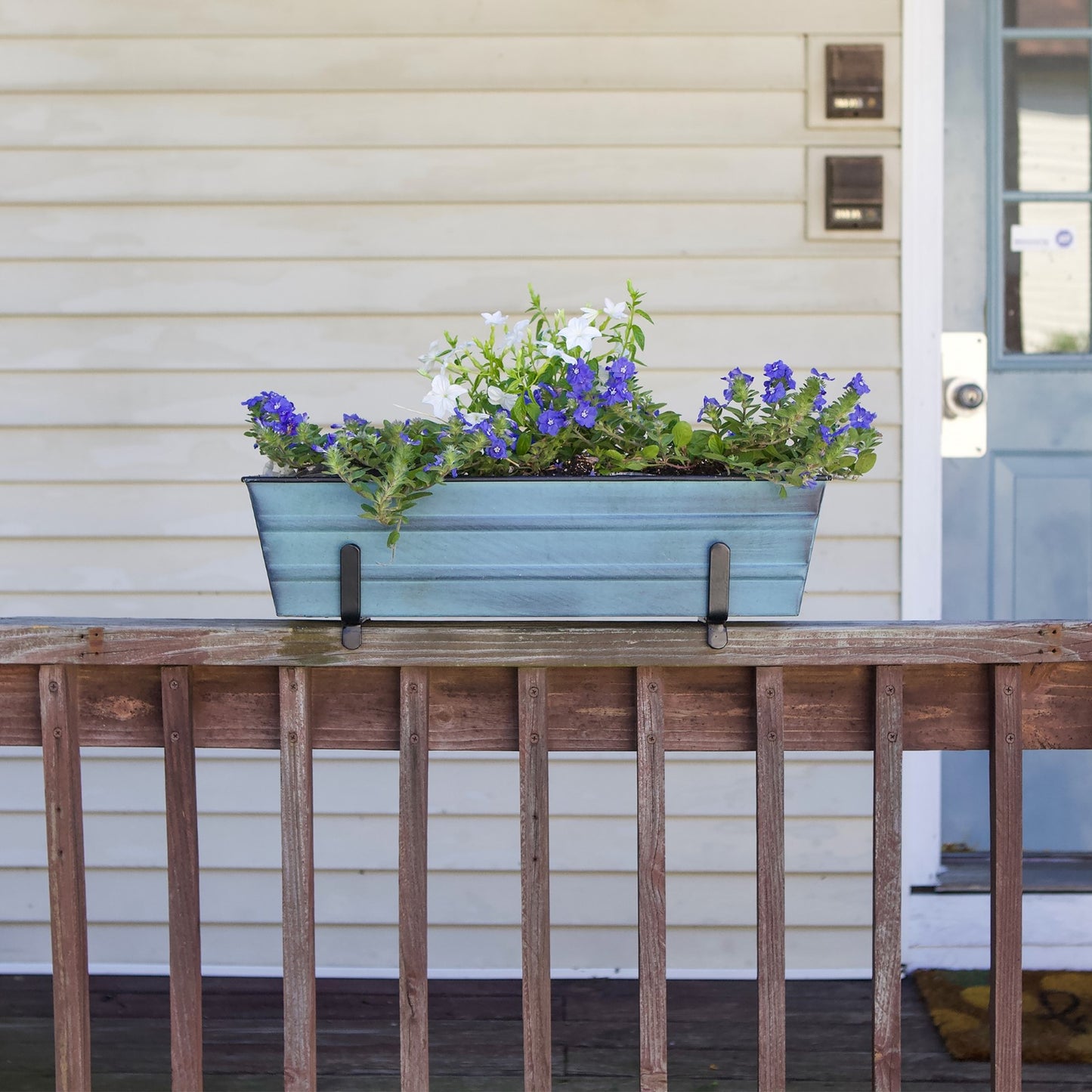 ACHLA Small Flower Box Kit for 2x4 Railings | Nantucket Blue Galvanized Steel Planter with Black Wrought Iron Brackets | Porch | Model C08NB-K4