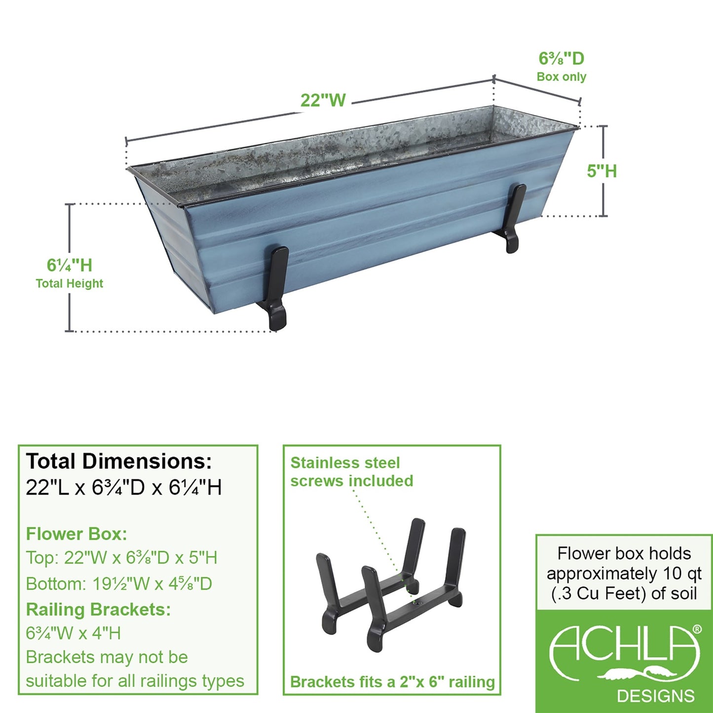 ACHLA Small Flower Box Kit for 2x6 Railings | Nantucket Blue Galvanized Steel Planter with Black Wrought Iron Brackets | Porch | Model C08NB-K6