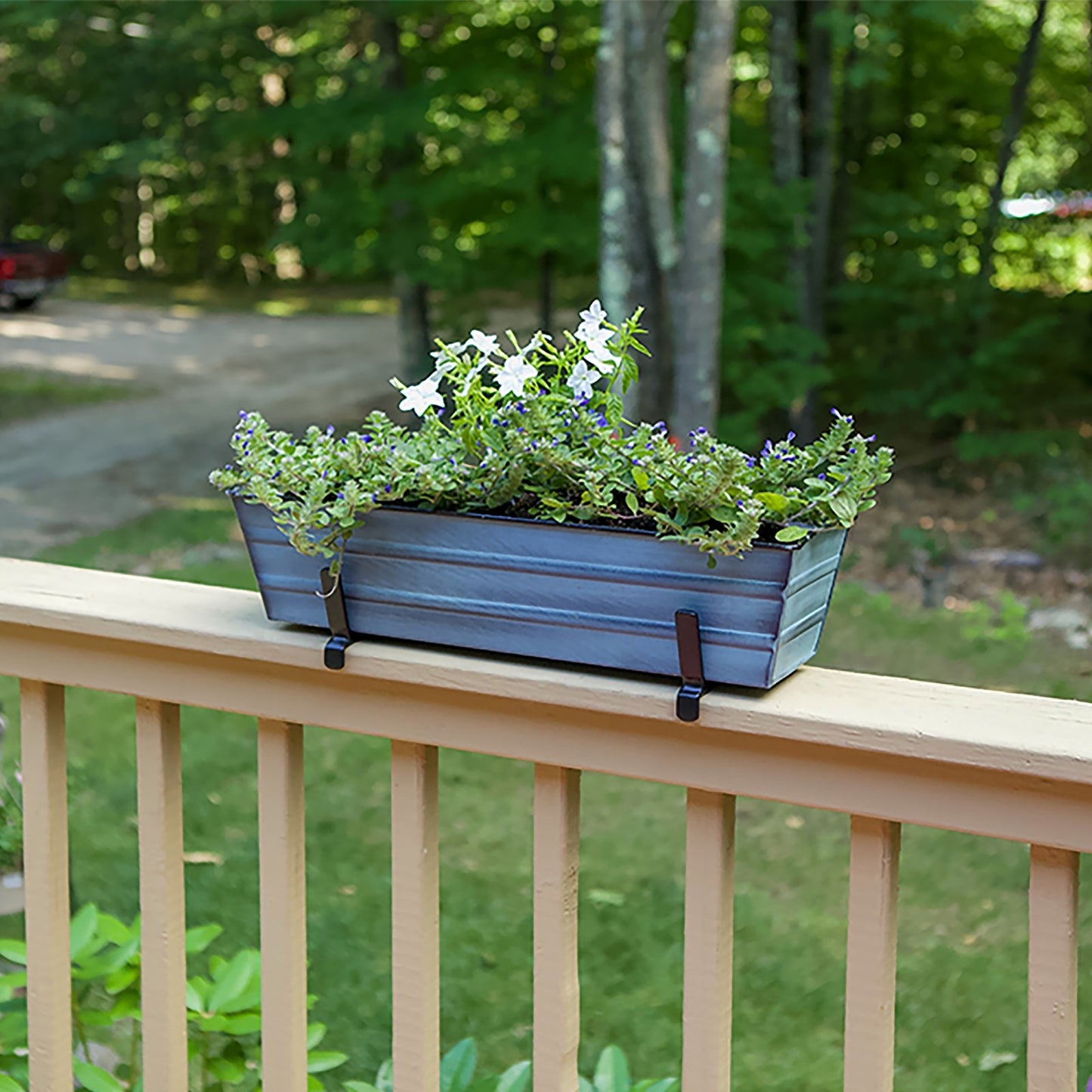 ACHLA Small Flower Box Kit for 2x6 Railings | Nantucket Blue Galvanized Steel Planter with Black Wrought Iron Brackets | Porch | Model C08NB-K6
