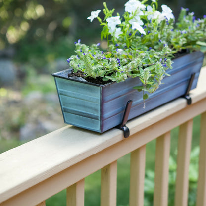 ACHLA Small Flower Box Kit for 2x6 Railings | Nantucket Blue Galvanized Steel Planter with Black Wrought Iron Brackets | Porch | Model C08NB-K6