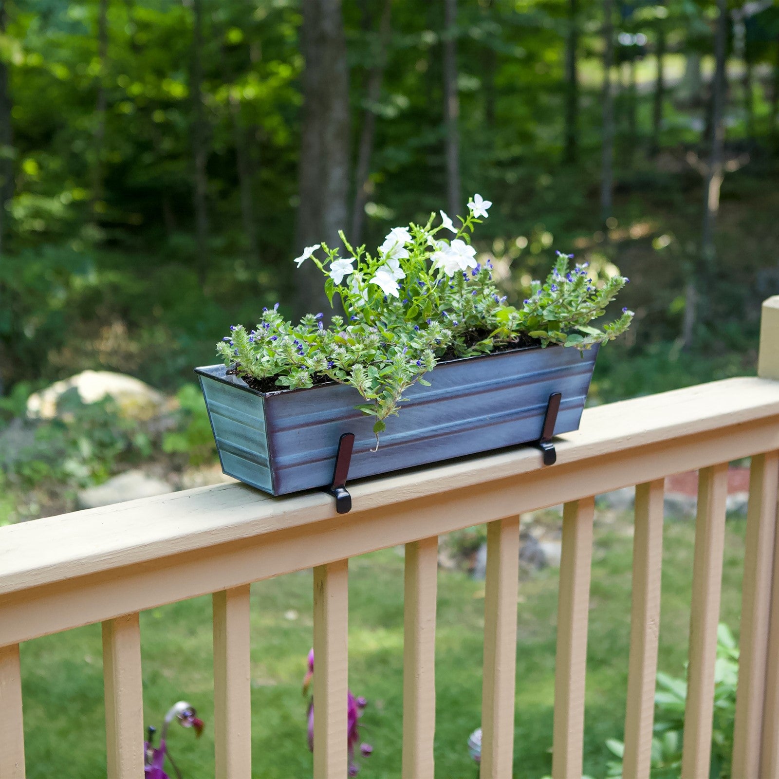 ACHLA Small Flower Box Kit for 2x6 Railings | Nantucket Blue Galvanized Steel Planter with Black Wrought Iron Brackets | Porch | Model C08NB-K6