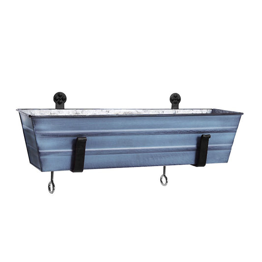 ACHLA Small Flower Box with Clamp-On Brackets | Nantucket Blue Galvanized Steel and Black Wrought Iron | Porch & Balcony Planter | Model C08NB-RM