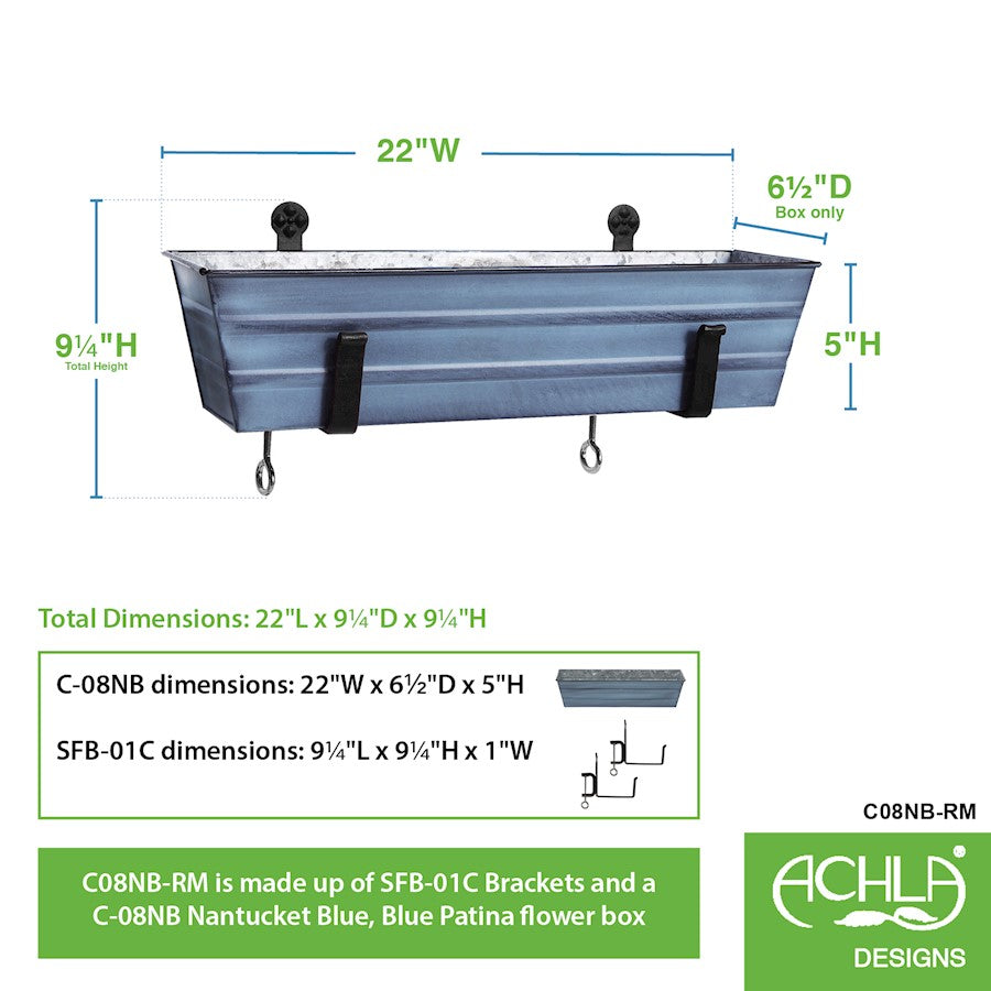 ACHLA Small Flower Box with Clamp-On Brackets | Nantucket Blue Galvanized Steel and Black Wrought Iron | Porch & Balcony Planter | Model C08NB-RM
