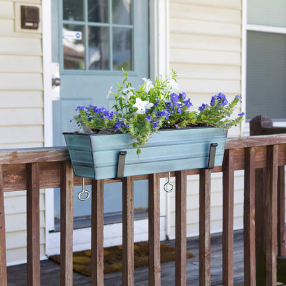 ACHLA Small Flower Box with Clamp-On Brackets | Nantucket Blue Galvanized Steel and Black Wrought Iron | Porch & Balcony Planter | Model C08NB-RM