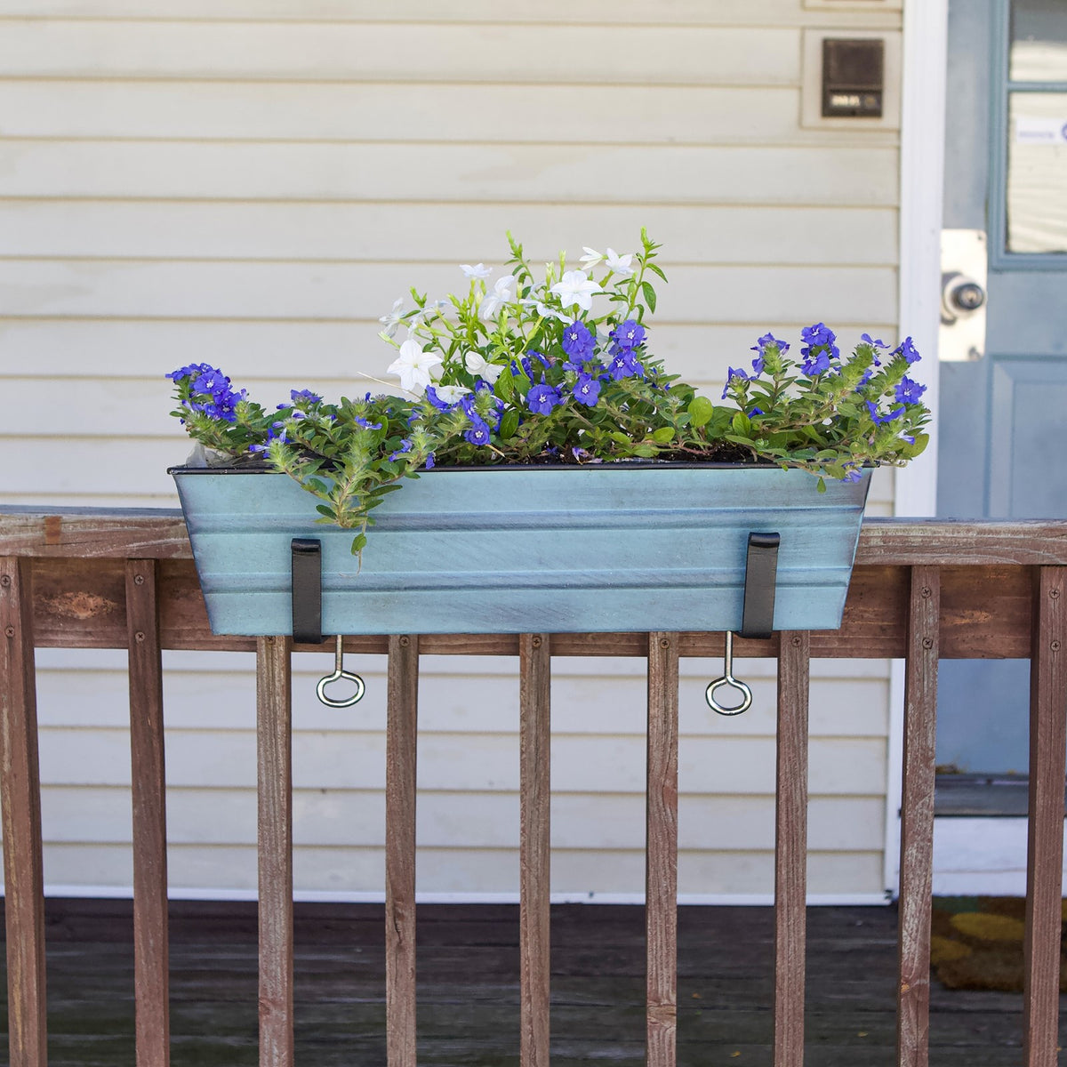 ACHLA Small Flower Box with Clamp-On Brackets | Nantucket Blue Galvanized Steel and Black Wrought Iron | Porch & Balcony Planter | Model C08NB-RM