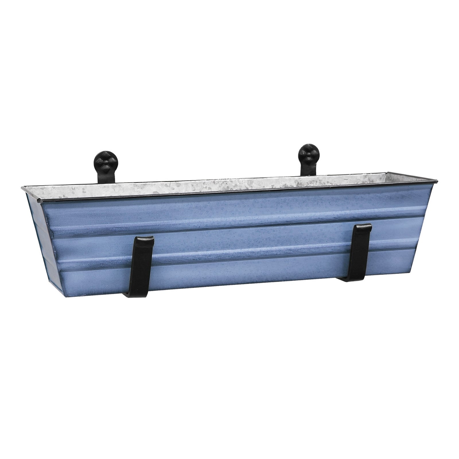 ACHLA Small Flower Box with Wall Brackets | Nantucket Blue Galvanized Steel and Black Wrought Iron | Front Porch & Balcony Container | Model C08NB-WM