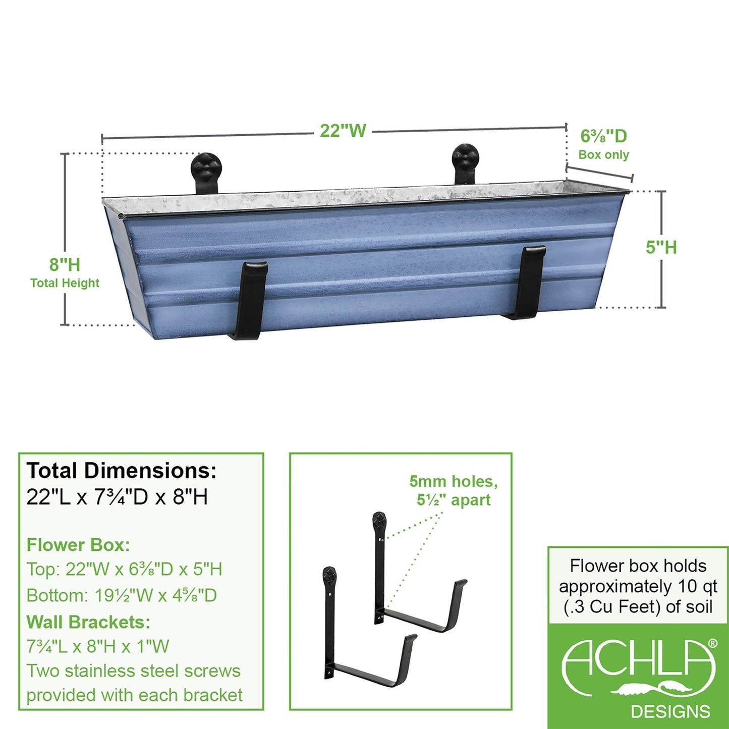 ACHLA Small Flower Box with Wall Brackets | Nantucket Blue Galvanized Steel and Black Wrought Iron | Front Porch & Balcony Container | Model C08NB-WM