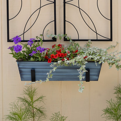 ACHLA Small Flower Box with Wall Brackets | Nantucket Blue Galvanized Steel and Black Wrought Iron | Front Porch & Balcony Container | Model C08NB-WM