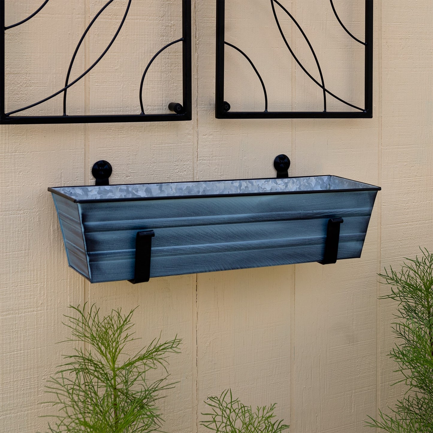 ACHLA Small Flower Box with Wall Brackets | Nantucket Blue Galvanized Steel and Black Wrought Iron | Front Porch & Balcony Container | Model C08NB-WM