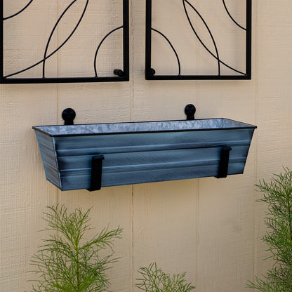 ACHLA Small Flower Box with Wall Brackets | Nantucket Blue Galvanized Steel and Black Wrought Iron | Front Porch & Balcony Container | Model C08NB-WM