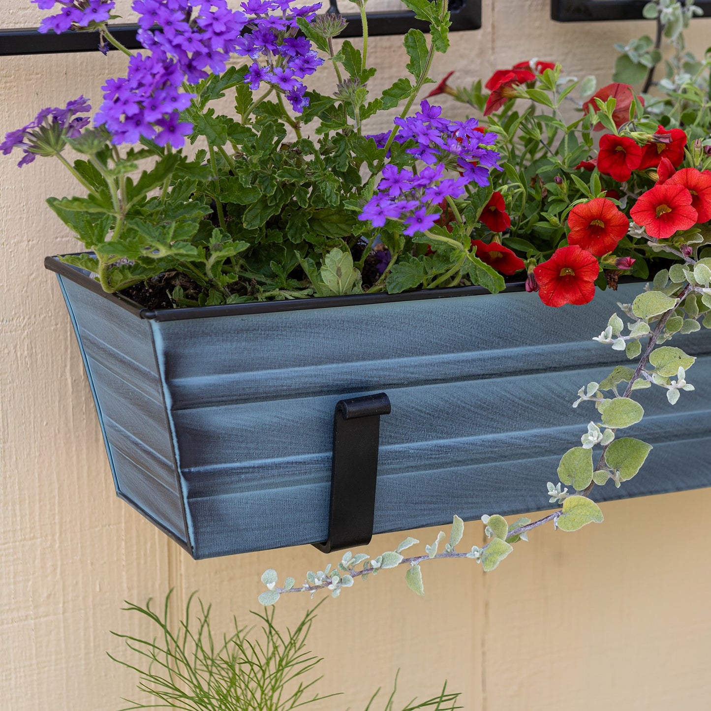 ACHLA Small Flower Box with Wall Brackets | Nantucket Blue Galvanized Steel and Black Wrought Iron | Front Porch & Balcony Container | Model C08NB-WM