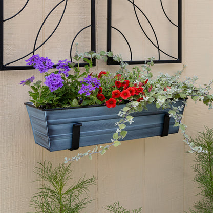 ACHLA Small Flower Box with Wall Brackets | Nantucket Blue Galvanized Steel and Black Wrought Iron | Front Porch & Balcony Container | Model C08NB-WM