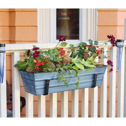 ACHLA Small Flower Box with Wall Brackets | Nantucket Blue Galvanized Steel and Black Wrought Iron | Front Porch & Balcony Container | Model C08NB-WM