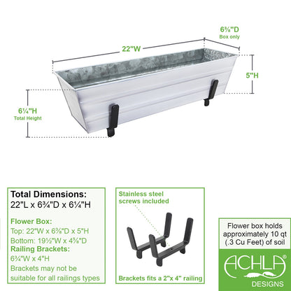 ACHLA Small Flower Box Kit for 2x4 Railings | Cape Cod White Galvanized Steel and Black Wrought Iron | Porch & Deck Railing Planter | Model C08W-K4