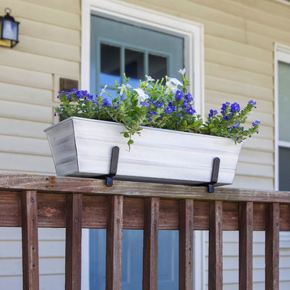 ACHLA Small Flower Box Kit for 2x4 Railings | Cape Cod White Galvanized Steel and Black Wrought Iron | Porch & Deck Railing Planter | Model C08W-K4