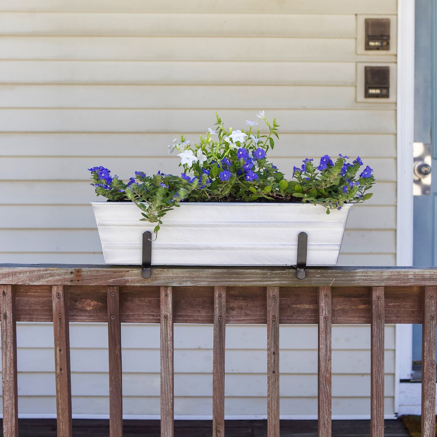 ACHLA Small Flower Box Kit for 2x4 Railings | Cape Cod White Galvanized Steel and Black Wrought Iron | Porch & Deck Railing Planter | Model C08W-K4
