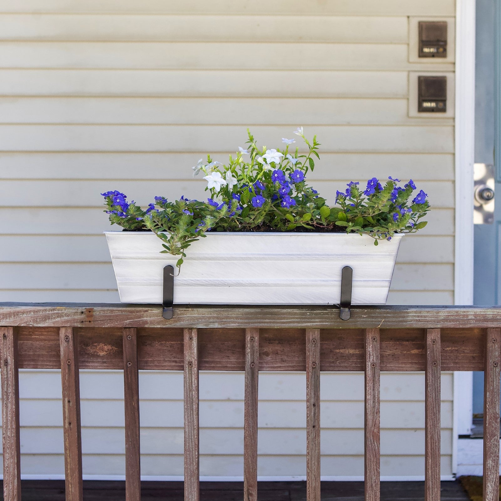 ACHLA Small Flower Box Kit for 2x4 Railings | Cape Cod White Galvanized Steel and Black Wrought Iron | Porch & Deck Railing Planter | Model C08W-K4