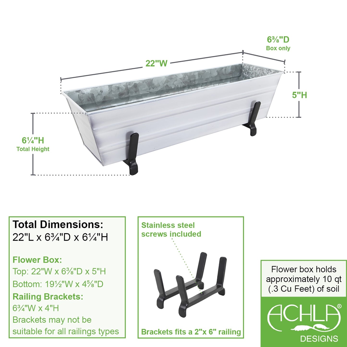 ACHLA Small Flower Box Kit | Cape Cod White Galvanized Steel with Black Wrought Iron Brackets | Deck & Porch Railing Planter | Model C08W-K6
