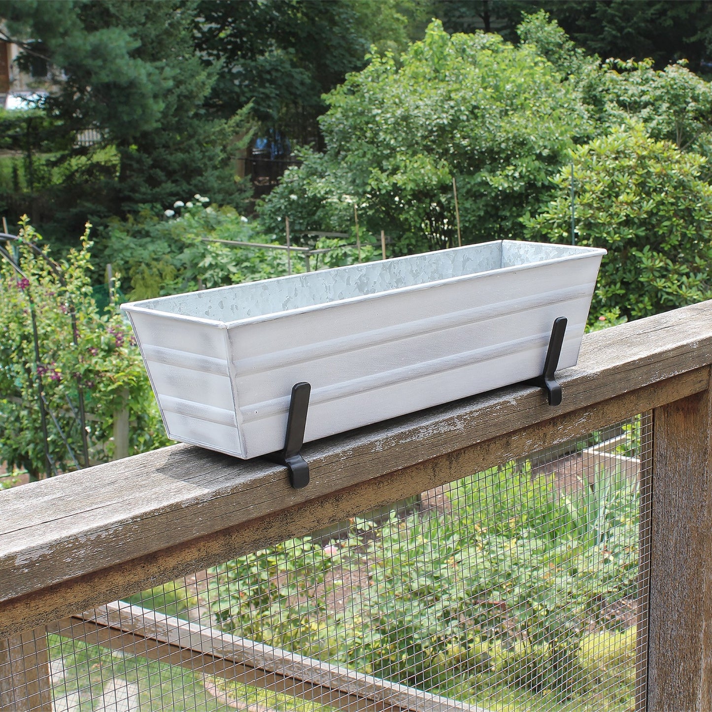 ACHLA Small Flower Box Kit | Cape Cod White Galvanized Steel with Black Wrought Iron Brackets | Deck & Porch Railing Planter | Model C08W-K6