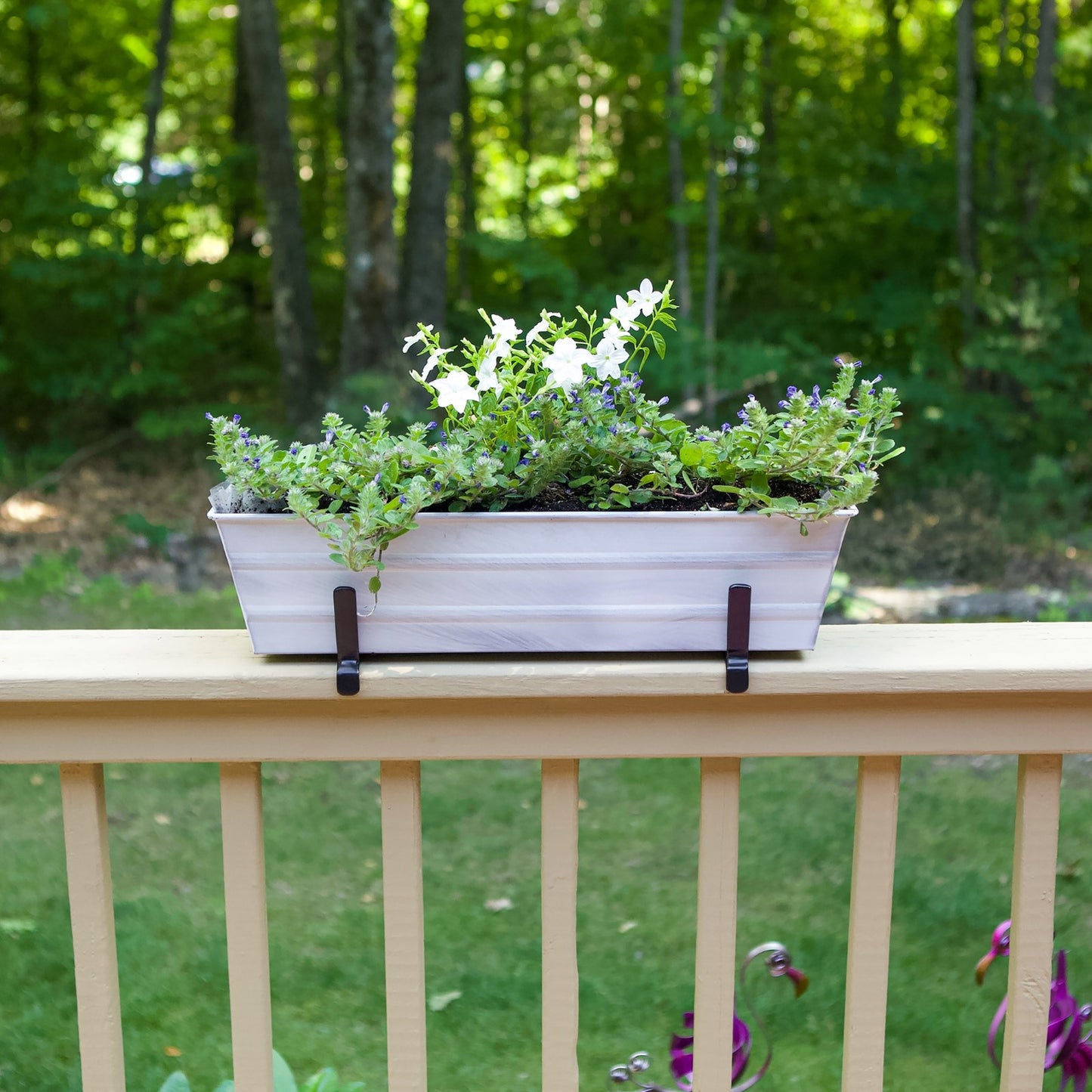 ACHLA Small Flower Box Kit | Cape Cod White Galvanized Steel with Black Wrought Iron Brackets | Deck & Porch Railing Planter | Model C08W-K6