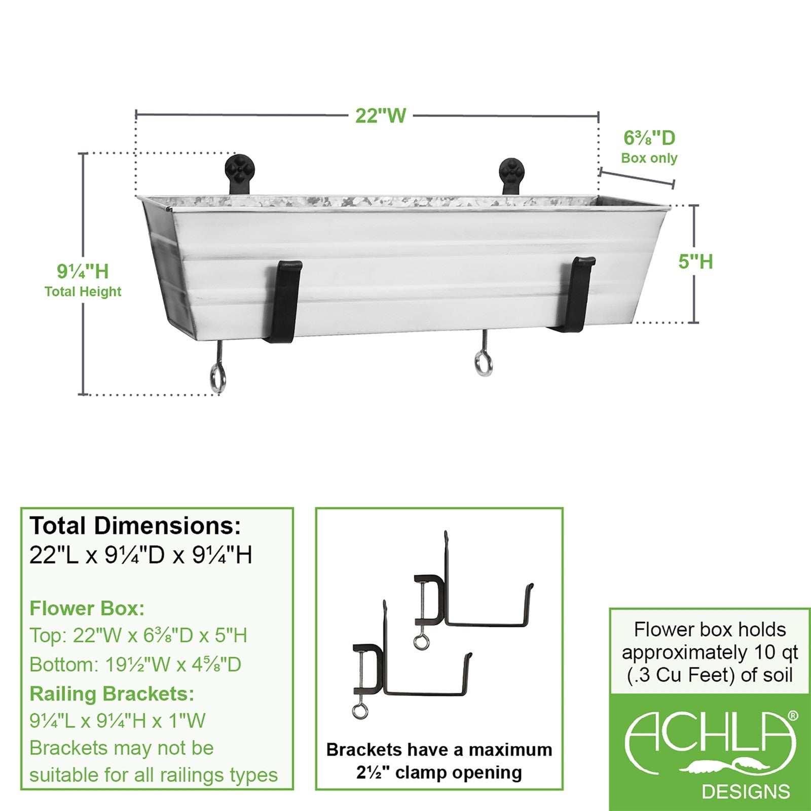 ACHLA Small Flower Box with Clamp-On Brackets | Cape Cod White Galvanized Steel and Black Wrought Iron | Front Porch & Balcony Planter | Model C08W-RM