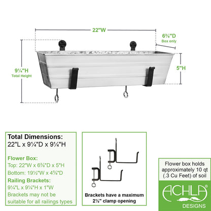 ACHLA Small Flower Box with Clamp-On Brackets | Cape Cod White Galvanized Steel and Black Wrought Iron | Front Porch & Balcony Planter | Model C08W-RM