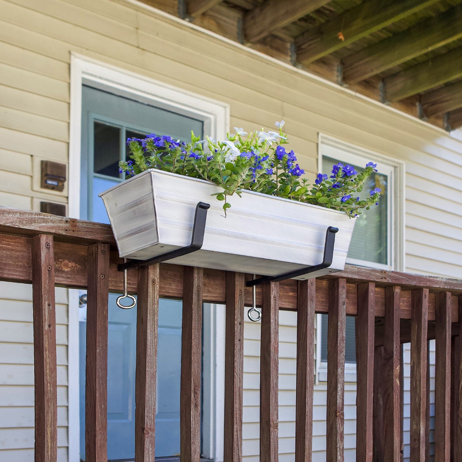 ACHLA Small Flower Box with Clamp-On Brackets | Cape Cod White Galvanized Steel and Black Wrought Iron | Front Porch & Balcony Planter | Model C08W-RM