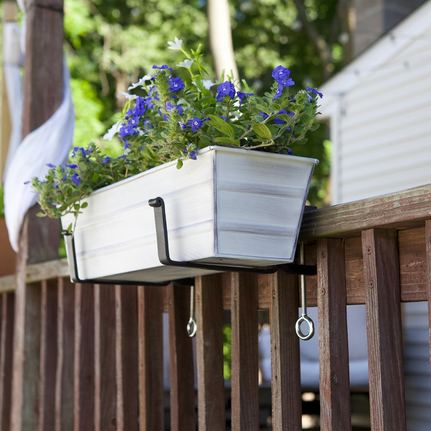 ACHLA Small Flower Box with Clamp-On Brackets | Cape Cod White Galvanized Steel and Black Wrought Iron | Front Porch & Balcony Planter | Model C08W-RM