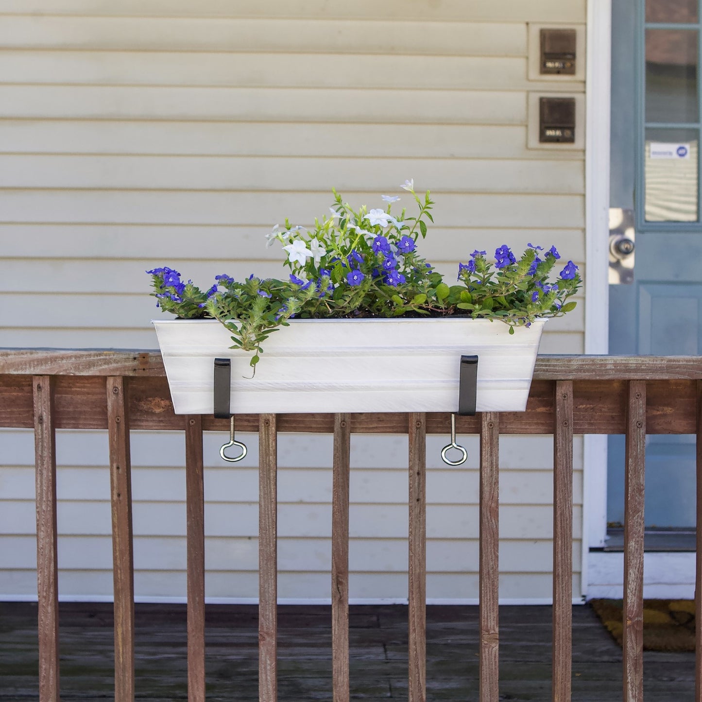 ACHLA Small Flower Box with Clamp-On Brackets | Cape Cod White Galvanized Steel and Black Wrought Iron | Front Porch & Balcony Planter | Model C08W-RM