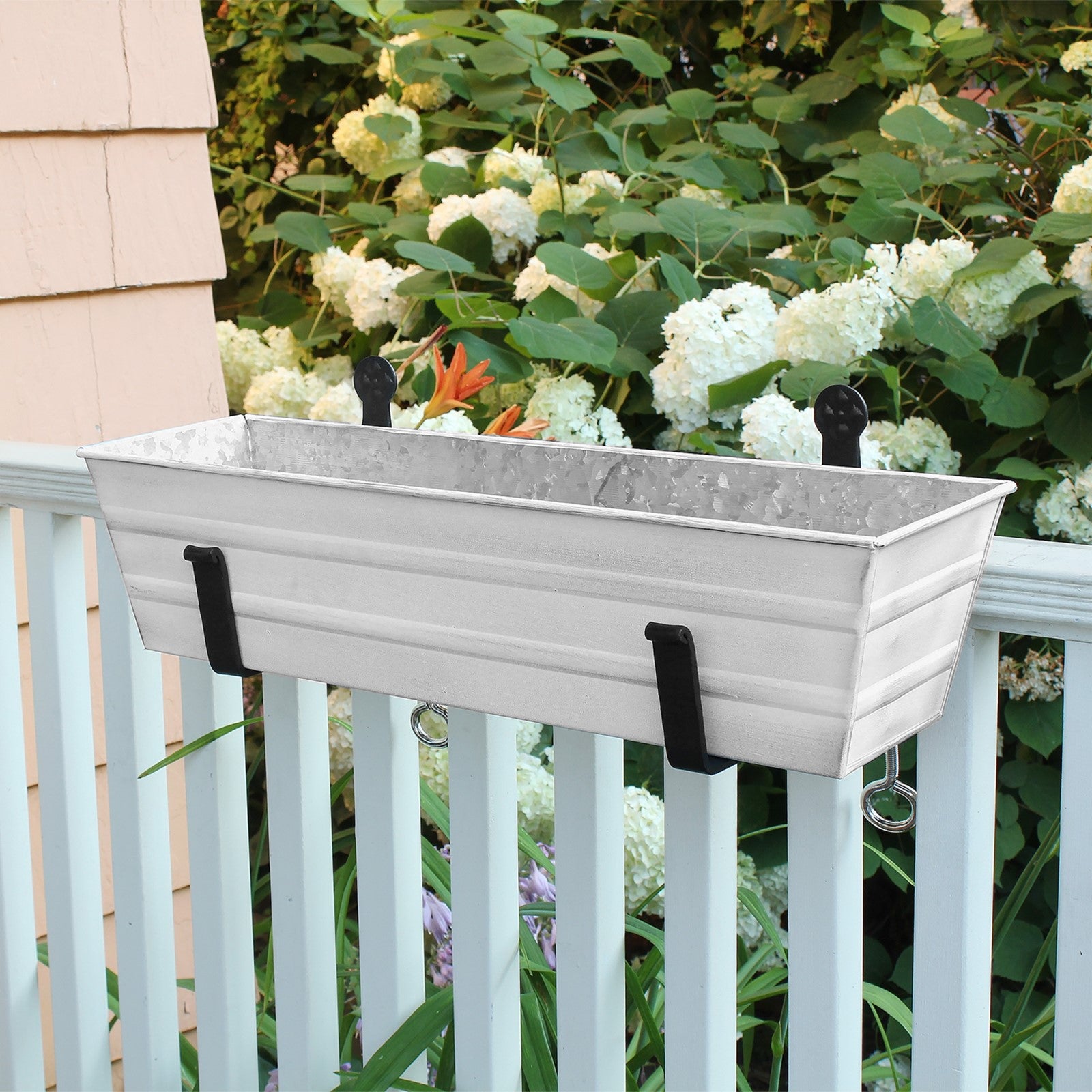 ACHLA Small Flower Box with Clamp-On Brackets | Cape Cod White Galvanized Steel and Black Wrought Iron | Front Porch & Balcony Planter | Model C08W-RM