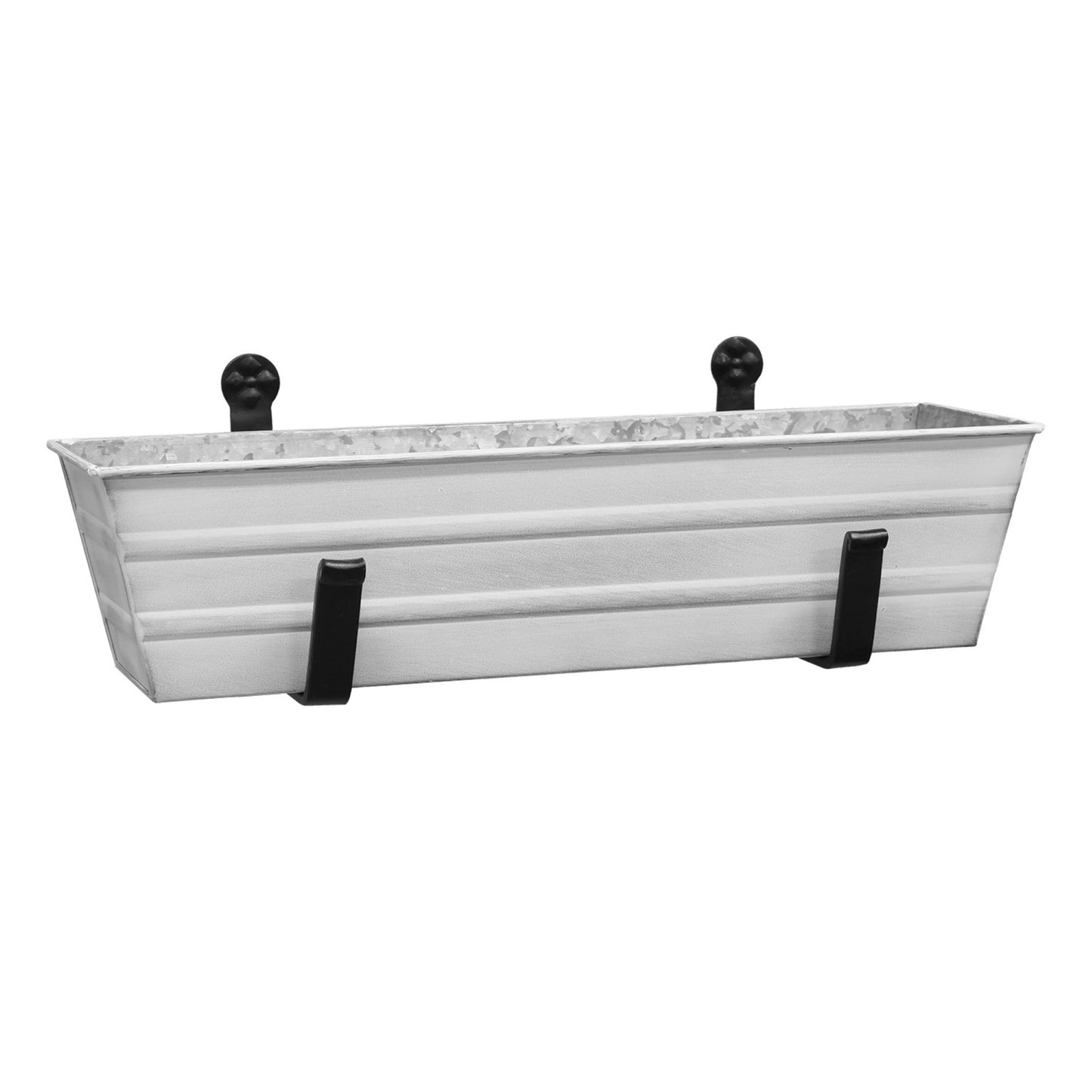 ACHLA Small Cape Cod White Flower Box with Wall Brackets | Galvanized Steel Planter with Black Wrought Iron Brackets | Front Porch & | Model C08W-WM
