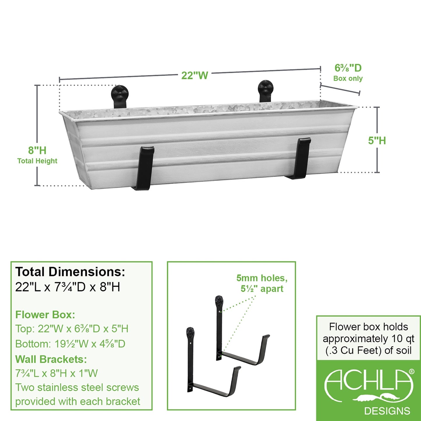 ACHLA Small Cape Cod White Flower Box with Wall Brackets | Galvanized Steel Planter with Black Wrought Iron Brackets | Front Porch & | Model C08W-WM