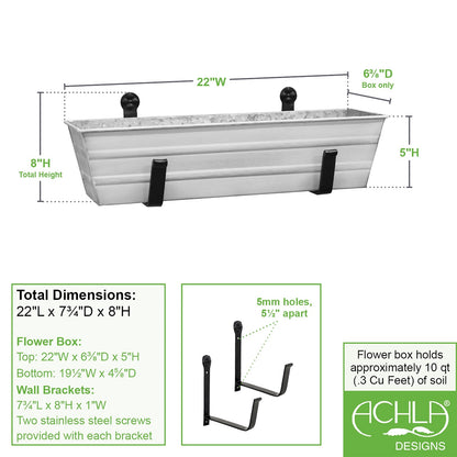 ACHLA Small Cape Cod White Flower Box with Wall Brackets | Galvanized Steel Planter with Black Wrought Iron Brackets | Front Porch & | Model C08W-WM