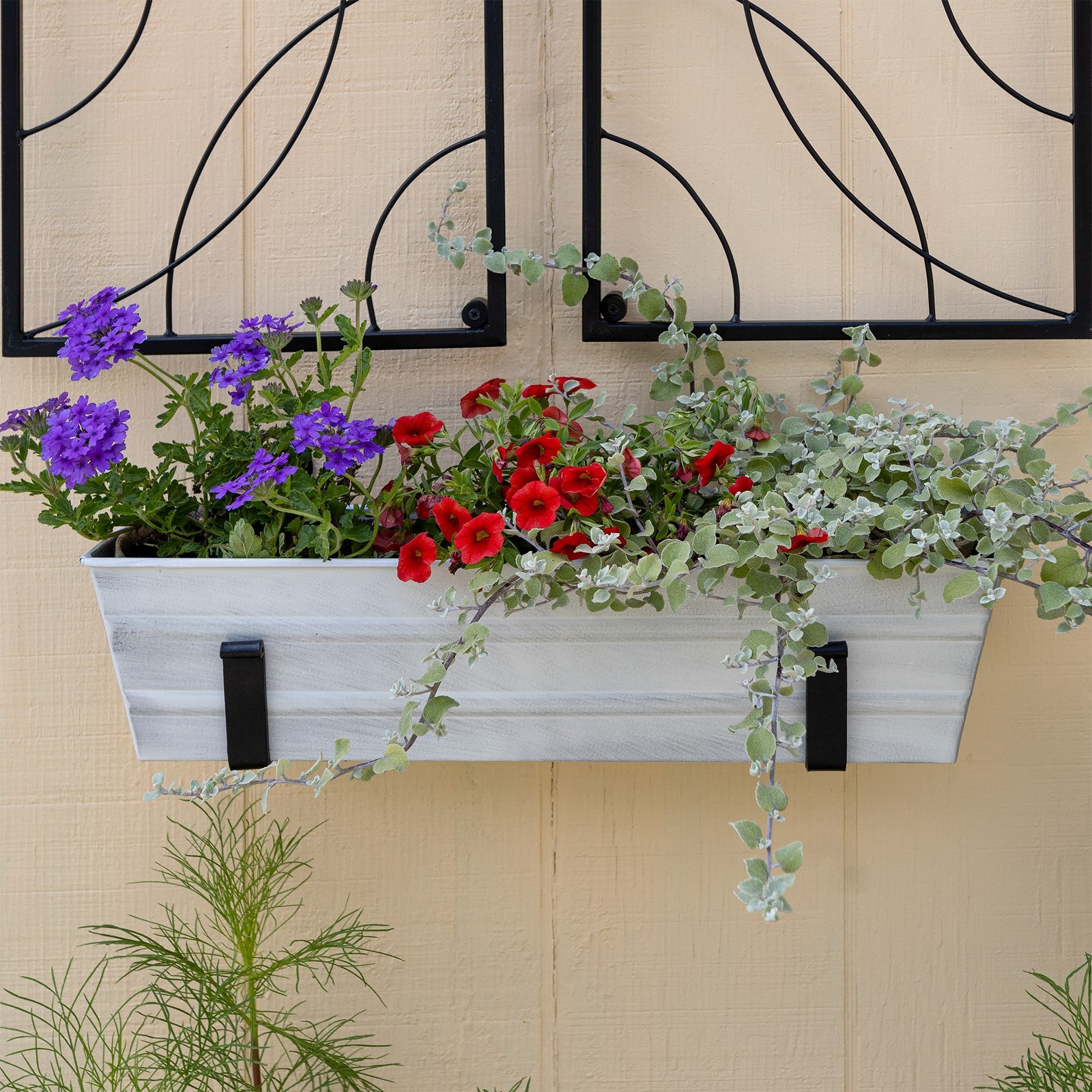 ACHLA Small Cape Cod White Flower Box with Wall Brackets | Galvanized Steel Planter with Black Wrought Iron Brackets | Front Porch & | Model C08W-WM