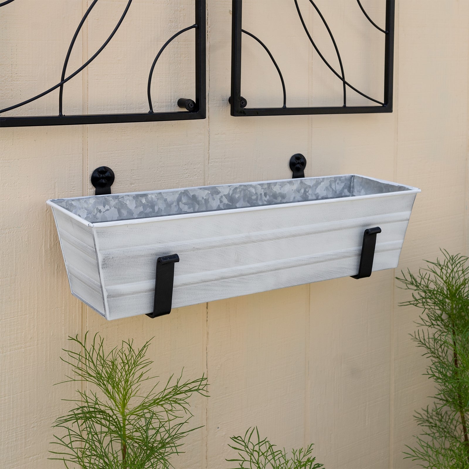 ACHLA Small Cape Cod White Flower Box with Wall Brackets | Galvanized Steel Planter with Black Wrought Iron Brackets | Front Porch & | Model C08W-WM