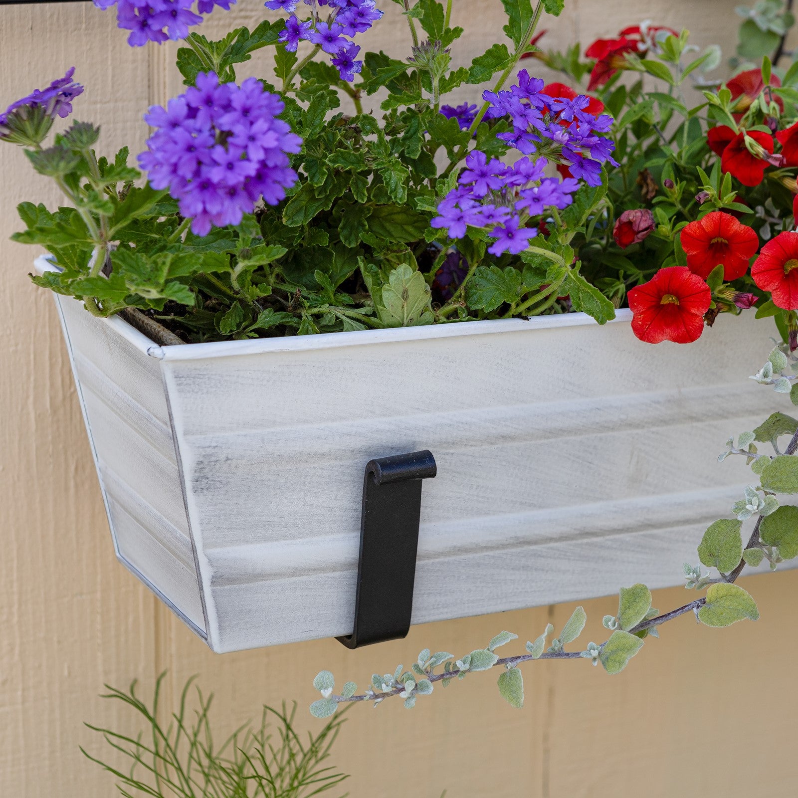 ACHLA Small Cape Cod White Flower Box with Wall Brackets | Galvanized Steel Planter with Black Wrought Iron Brackets | Front Porch & | Model C08W-WM