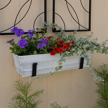 ACHLA Small Cape Cod White Flower Box with Wall Brackets | Galvanized Steel Planter with Black Wrought Iron Brackets | Front Porch & | Model C08W-WM