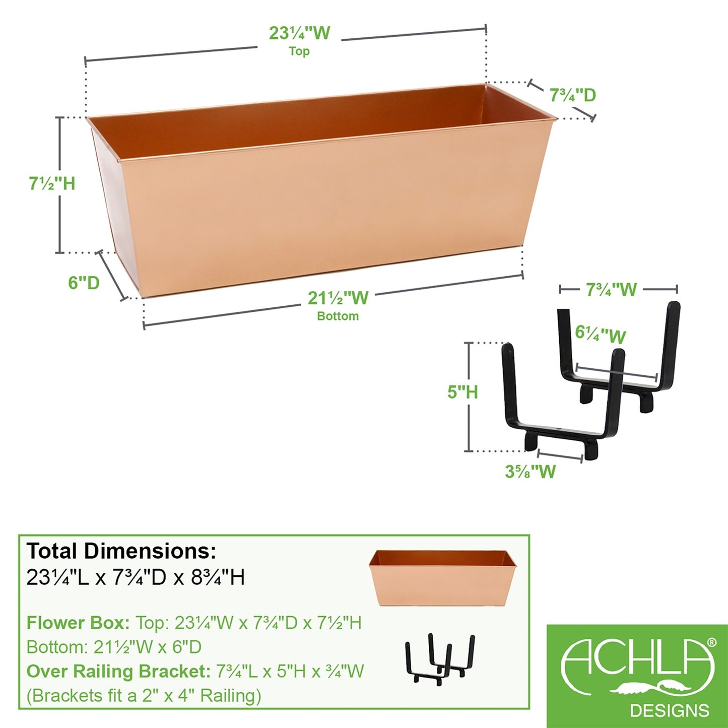ACHLA Handrail Flowerbox Bracket Kit for 2x4" Rail | Copper Plated Galvanized Steel | Outdoor Railing & Deck Planter | 8 x 23 x 8 in | Model C09C-K4