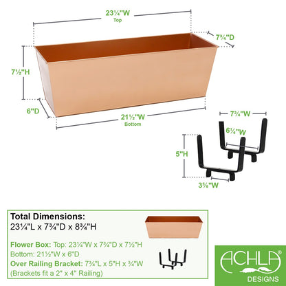 ACHLA Handrail Flowerbox Bracket Kit for 2x4" Rail | Copper Plated Galvanized Steel | Outdoor Railing & Deck Planter | 8 x 23 x 8 in | Model C09C-K4