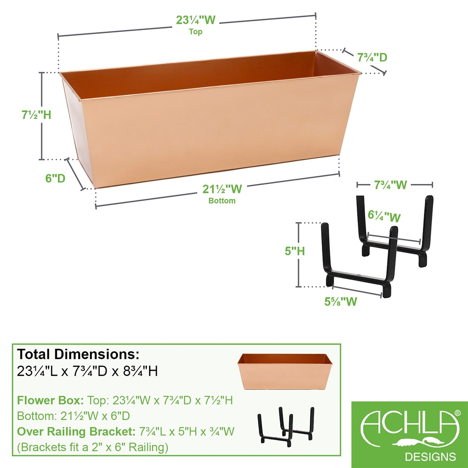ACHLA Handrail Flowerbox Bracket Kit for 2x6" Rail | Copper Plated Galvanized Steel | Outdoor Railing & Balcony Planter | Model C09C-K6