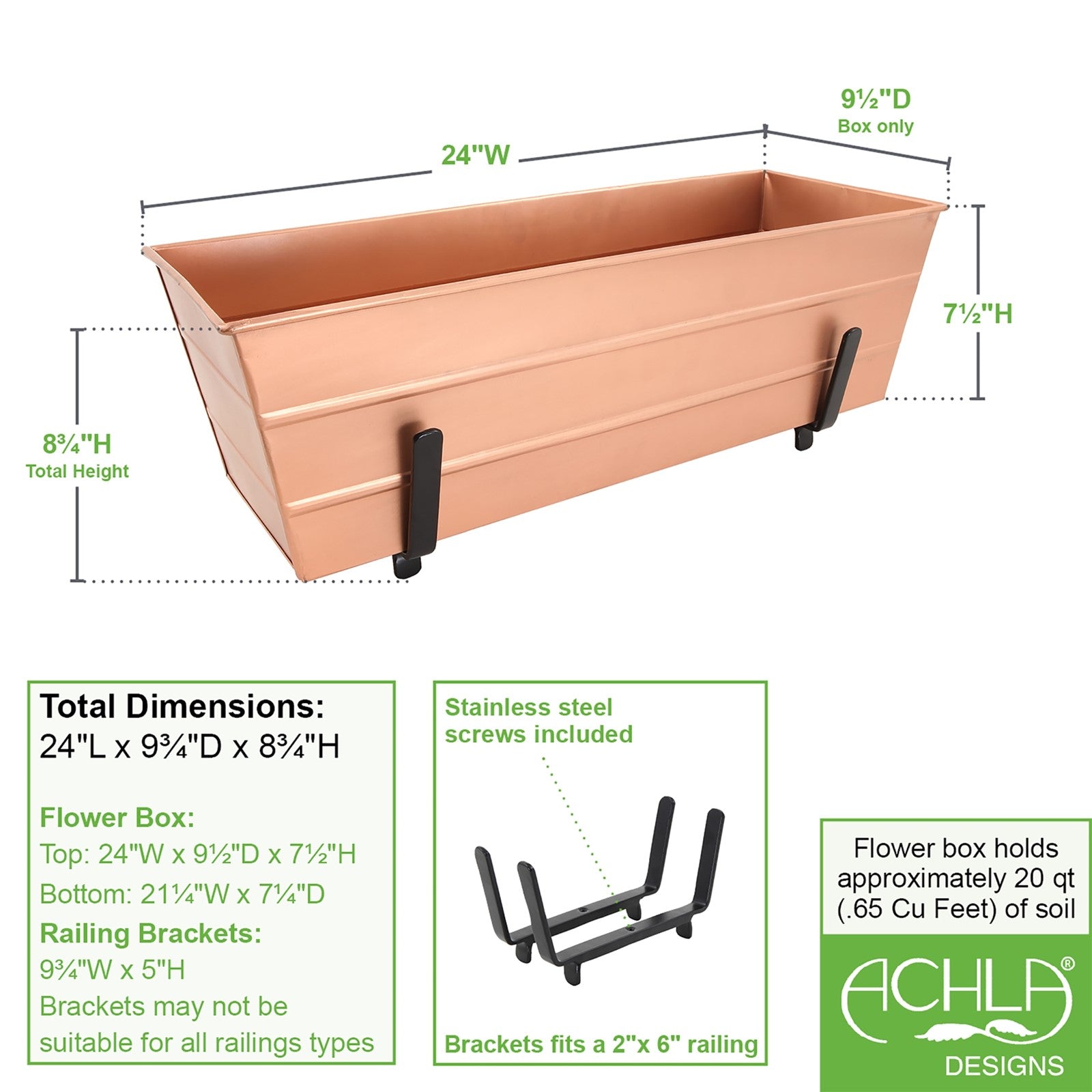 ACHLA Medium Flower Box Kit | Copper Plated Galvanized Steel and Black Wrought Iron Brackets | Front Porch & Deck Railing Planter | Model C20C-K6