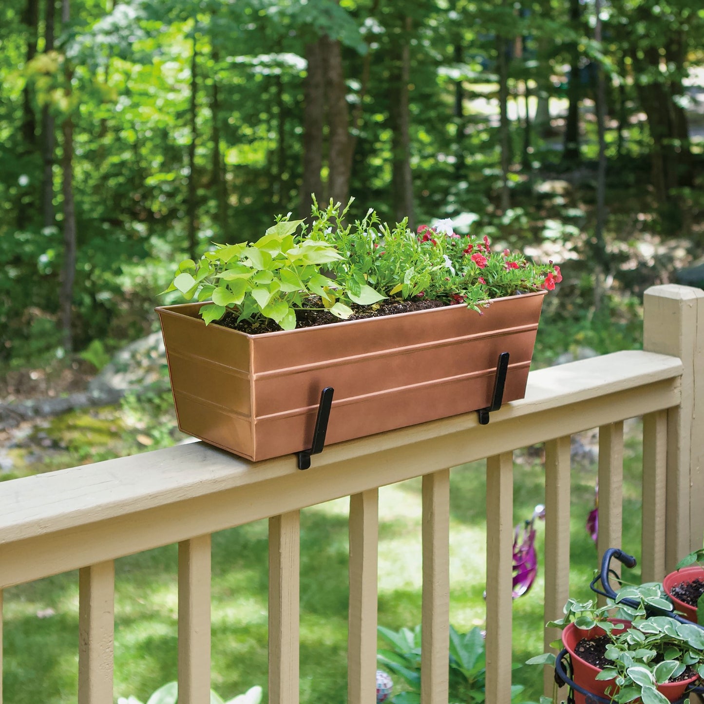 ACHLA Medium Flower Box Kit | Copper Plated Galvanized Steel and Black Wrought Iron Brackets | Front Porch & Deck Railing Planter | Model C20C-K6